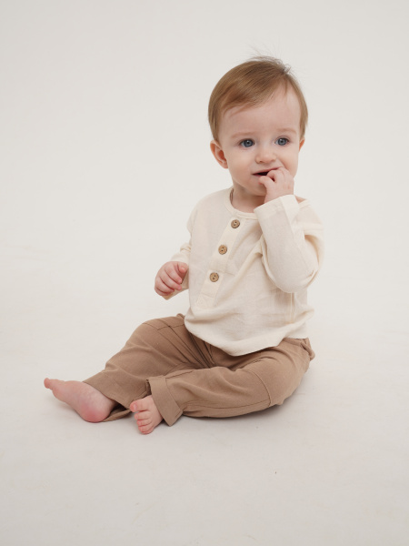 Костюм из муслина 2 предмета (кофта, штаны) (Рост 80, Молочный/Песочный)