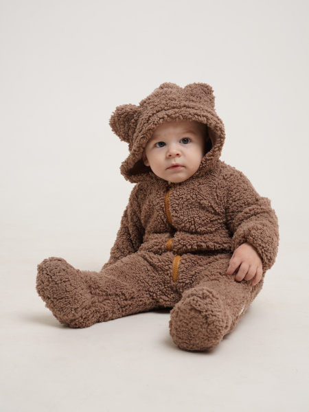 Комбинезон плюшевый на молнии с капюшоном  (62, Коричневый)